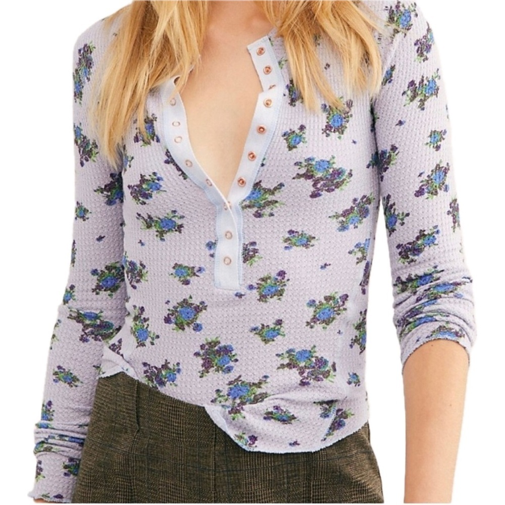 Free People Floral Thermal Snap Henley | Waffle Knit Long Sleeve Top | XS - Picture 2 of 10